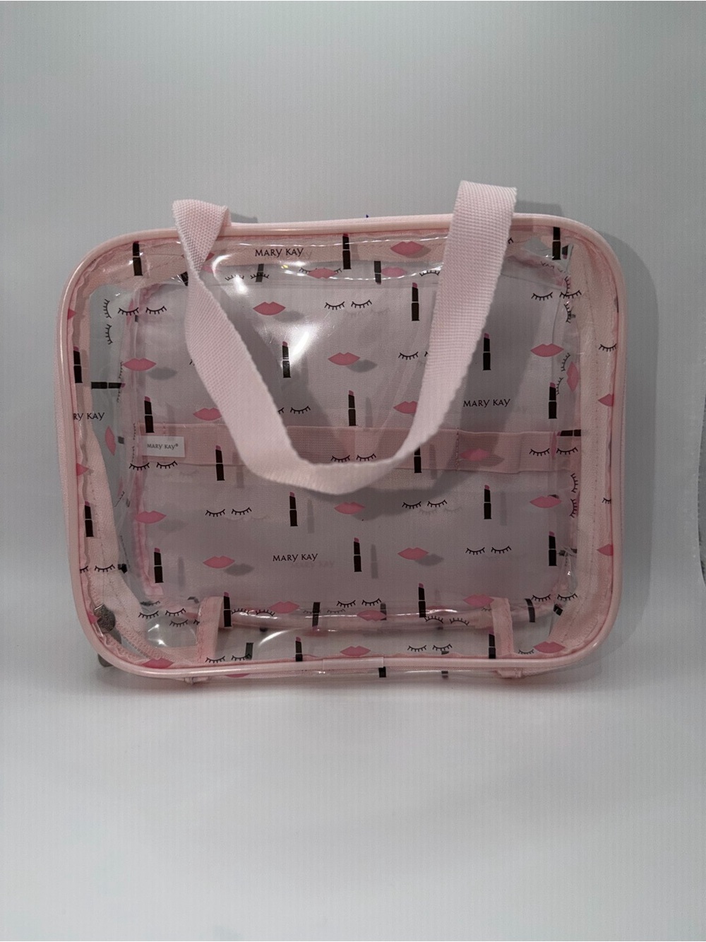Mary Kay Clear Cosmetic Tote with Pink Trim and Lip Pattern